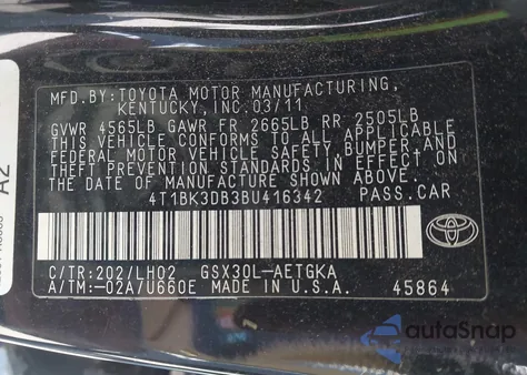 2011 Toyota Avalon z USA, uszkodzony, nr VIN 4T1BK3DB3BU416342